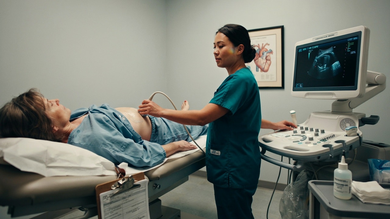 echocardiography-heart-ultrasound-citrus-cardiology Cardiac ultrasound technologist performing an echocardiogram on a patient